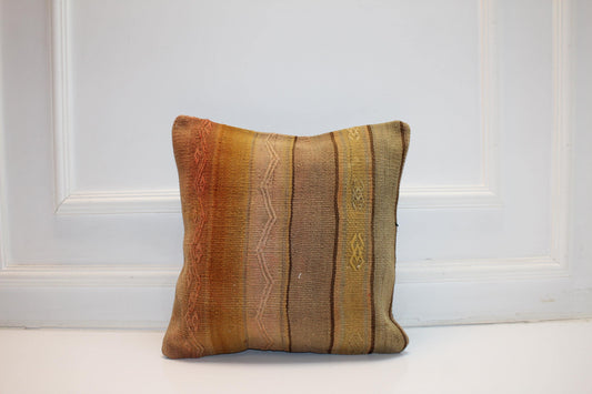 Handwoven Kilim Pillow Cover, Neutral Stripe, Boho Decor (16x16 in)