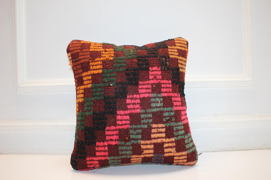 Colorful Geometric Boho Cushion, Handwoven Patchwork Accent Pillow, Eclectic Home Decor(16x16 in)