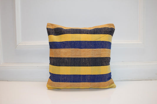 Wide Stripe Boho Cushion, Handwoven Coastal Accent Pillow, Modern Rustic Home Decor(16x16 in)