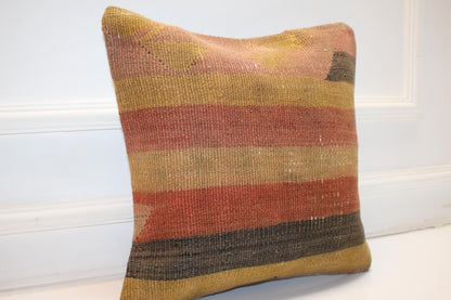 Muted Stripe Boho Cushion, Handwoven Earthy Accent Pillow, Warm Rustic Home Decor(16x16 in)