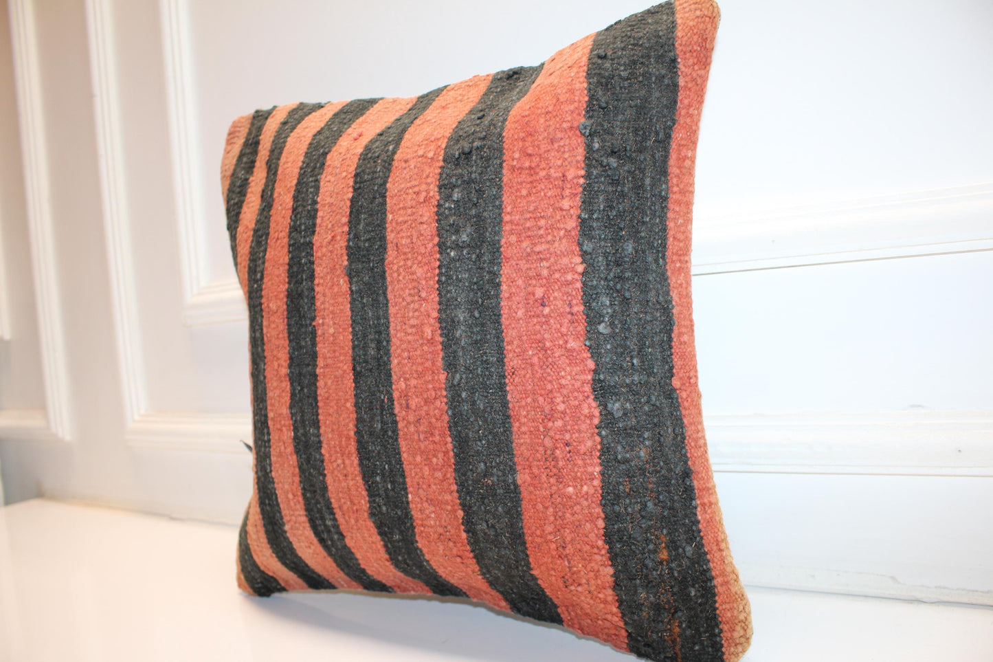 Vertical Stripe Boho Cushion, Bold Contrast Handwoven Accent Pillow, Rustic Modern Decor(16x16 in)