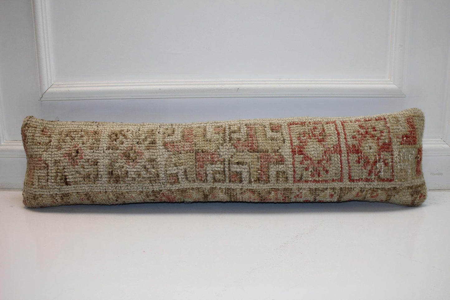 Beige Red Cushion, Rustic Boho Bench Pillow, Handmade One of a Kind