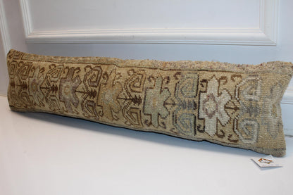 Vintage Turkish Kilim Lumbar Pillow , Tribal Neutral Bench Cushion, Earthy Antique Rug