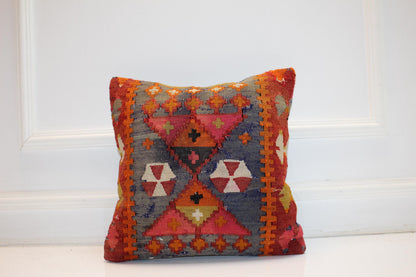 Handwoven Anatolian Rug Cushion, Boho Ethnic Home Decor, Rustic Sofa Accent Pillow(16x16 in)