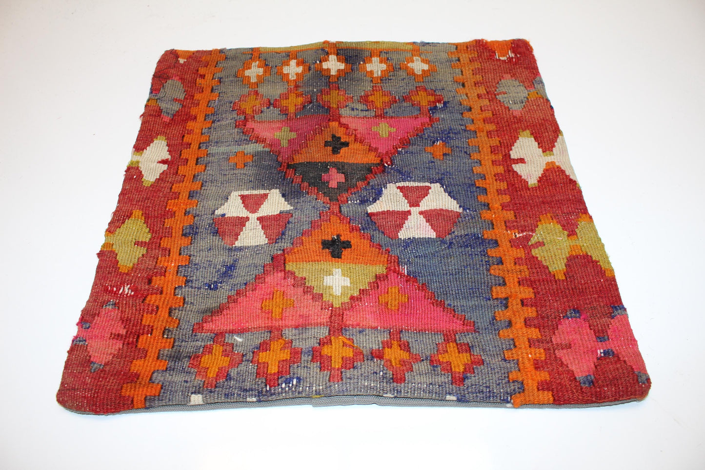 Handwoven Anatolian Rug Cushion, Boho Ethnic Home Decor, Rustic Sofa Accent Pillow(16x16 in)