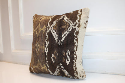 Handwoven Anatolian Rug Cushion, Neutral Boho Rustic Sofa Decor Pillow(16x16 in)