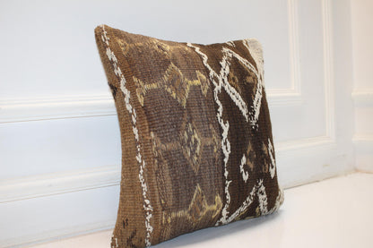 Handwoven Anatolian Rug Cushion, Neutral Boho Rustic Sofa Decor Pillow(16x16 in)