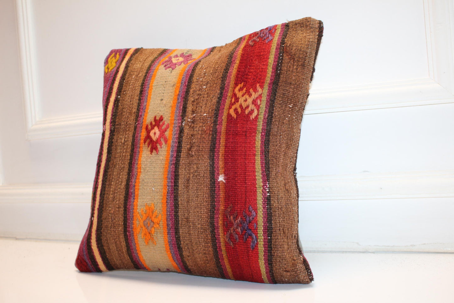 Embroidered Nomadic Stripe Cushion, Warm Earth Tone Tribal Textile Decor Pillow(16x16 in)