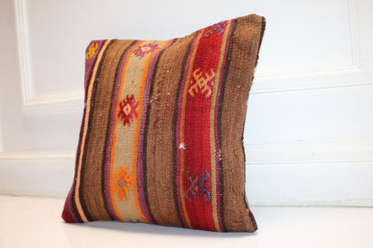Embroidered Nomadic Stripe Cushion, Warm Earth Tone Tribal Textile Decor Pillow(16x16 in)