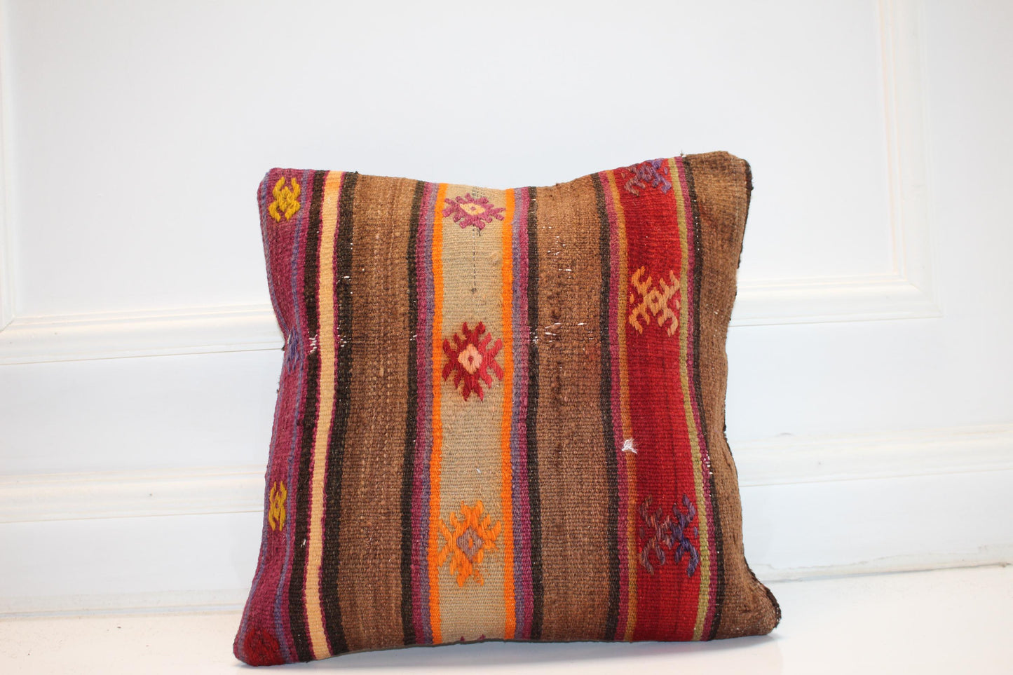 Embroidered Nomadic Stripe Cushion, Warm Earth Tone Tribal Textile Decor Pillow(16x16 in)