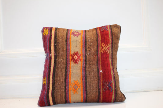 Embroidered Nomadic Stripe Cushion, Warm Earth Tone Tribal Textile Decor Pillow(16x16 in)