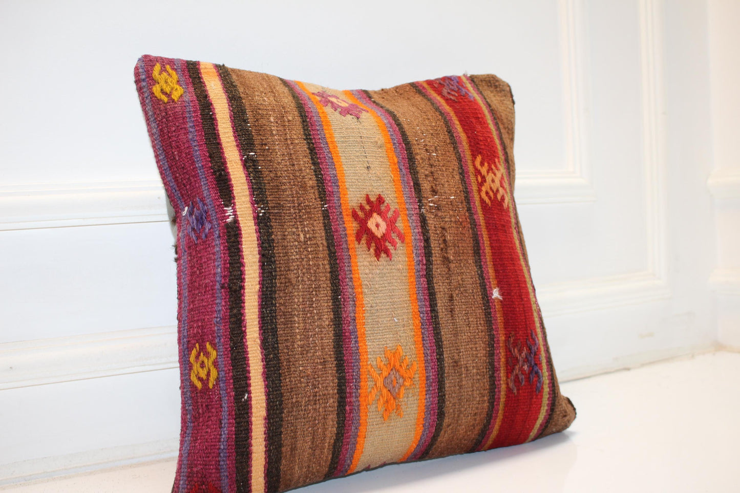 Embroidered Nomadic Stripe Cushion, Warm Earth Tone Tribal Textile Decor Pillow(16x16 in)