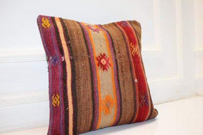Embroidered Nomadic Stripe Cushion, Warm Earth Tone Tribal Textile Decor Pillow(16x16 in)