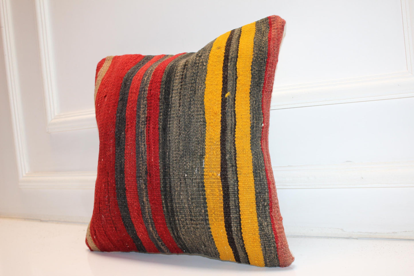 Bold Striped Nomadic Cushion, Red Yellow Tribal Textile Accent for Sofa(16x16 in)