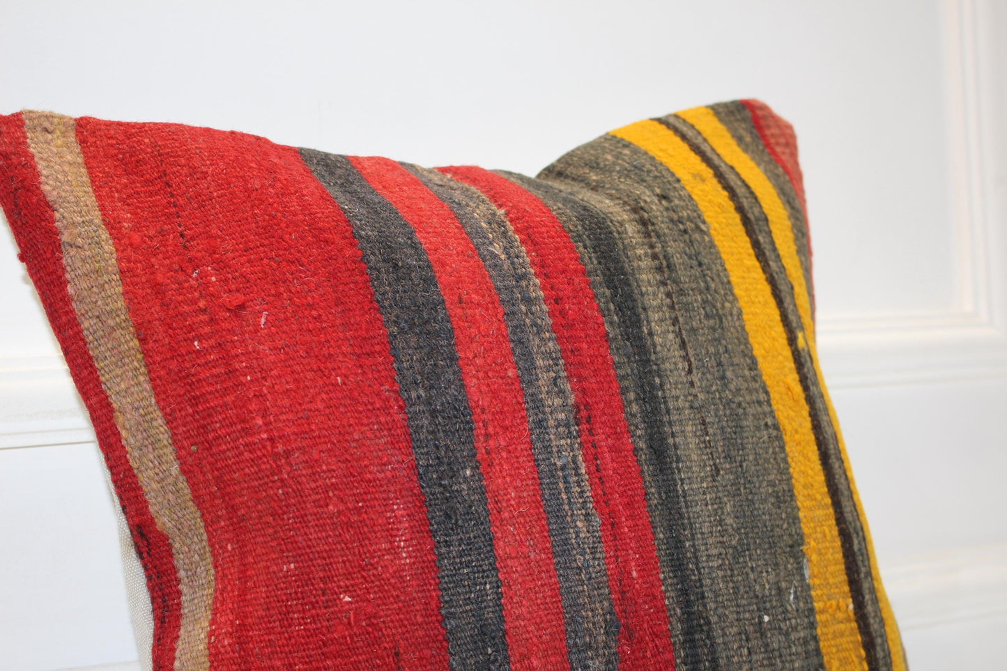 Bold Striped Nomadic Cushion, Red Yellow Tribal Textile Accent for Sofa(16x16 in)