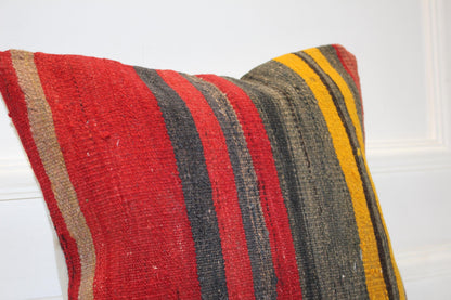 Bold Striped Nomadic Cushion, Red Yellow Tribal Textile Accent for Sofa(16x16 in)