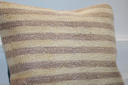 Natural Striped Wool Cushion, Neutral Earth Tone Minimal Rustic Sofa Decor(16x16 in)