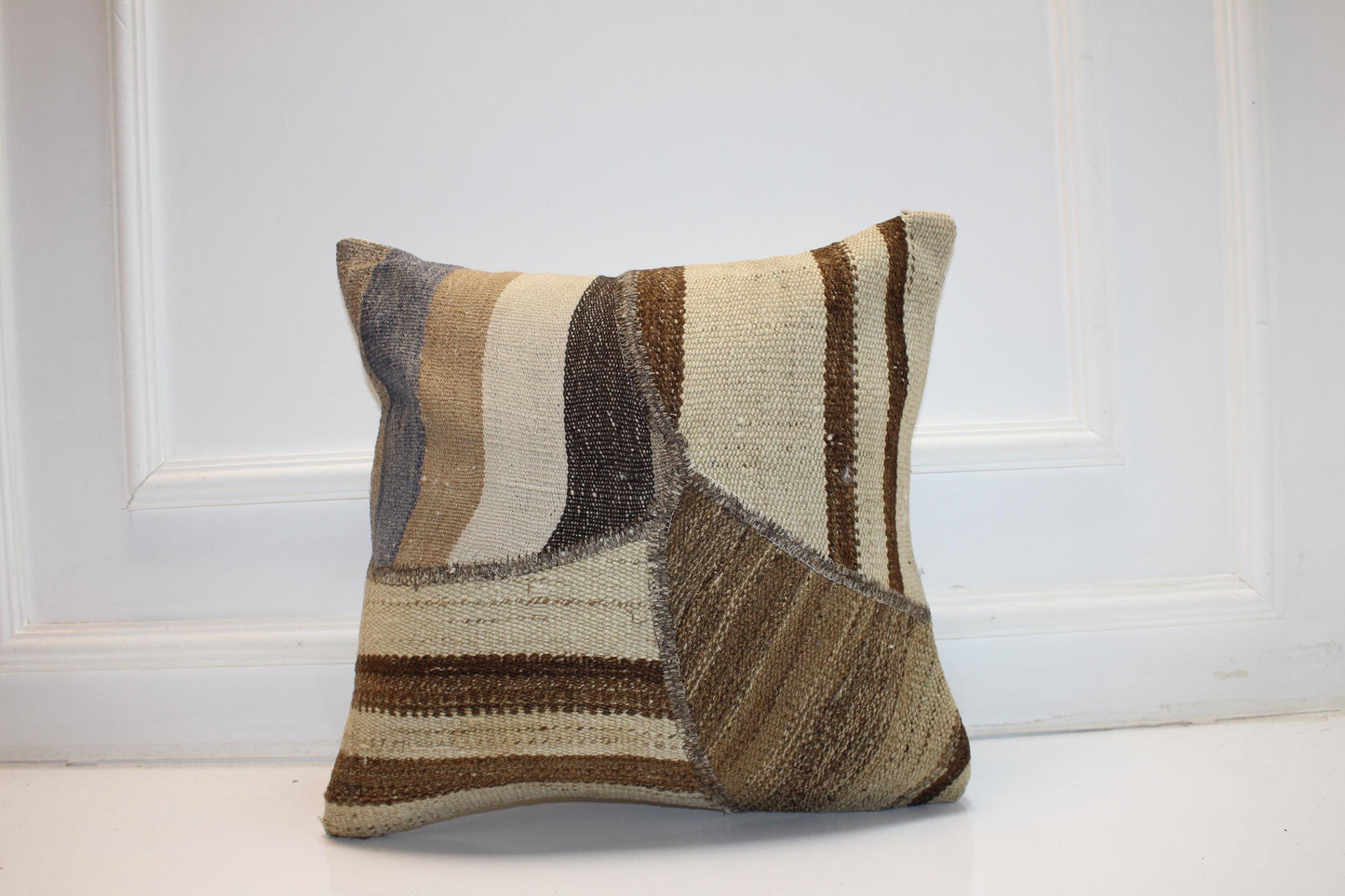 Neutral Patchwork Rug Cushion, Minimal Earth Tone Handmade Textile Accent 18x18 inch