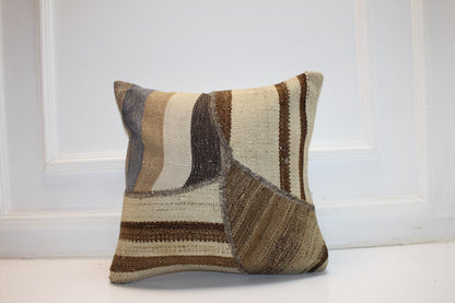 Neutral Patchwork Rug Cushion, Minimal Earth Tone Handmade Textile Accent 18x18 inch