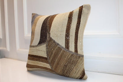Neutral Patchwork Rug Cushion, Minimal Earth Tone Handmade Textile Accent 18x18 inch