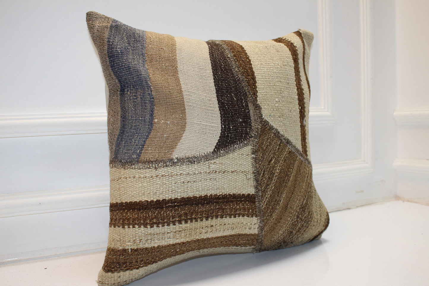 Neutral Patchwork Rug Cushion, Minimal Earth Tone Handmade Textile Accent 18x18 inch