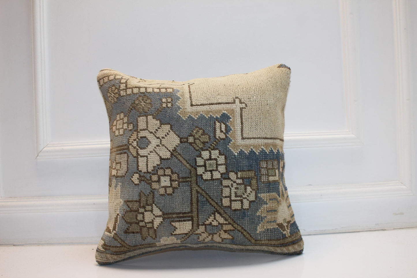 Faded Floral Anatolian Rug Cushion, Soft Blue Neutral Handmade Textile Decor 18x18 inch