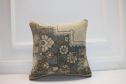 Faded Floral Anatolian Rug Cushion, Soft Blue Neutral Handmade Textile Decor 18x18 inch