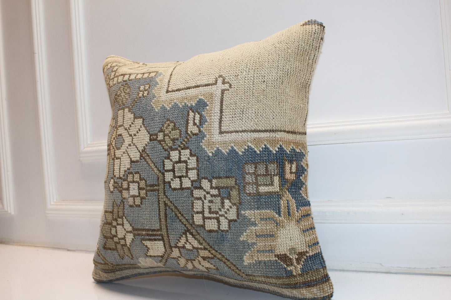 Faded Floral Anatolian Rug Cushion, Soft Blue Neutral Handmade Textile Decor 18x18 inch