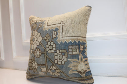 Faded Floral Anatolian Rug Cushion, Soft Blue Neutral Handmade Textile Decor 18x18 inch