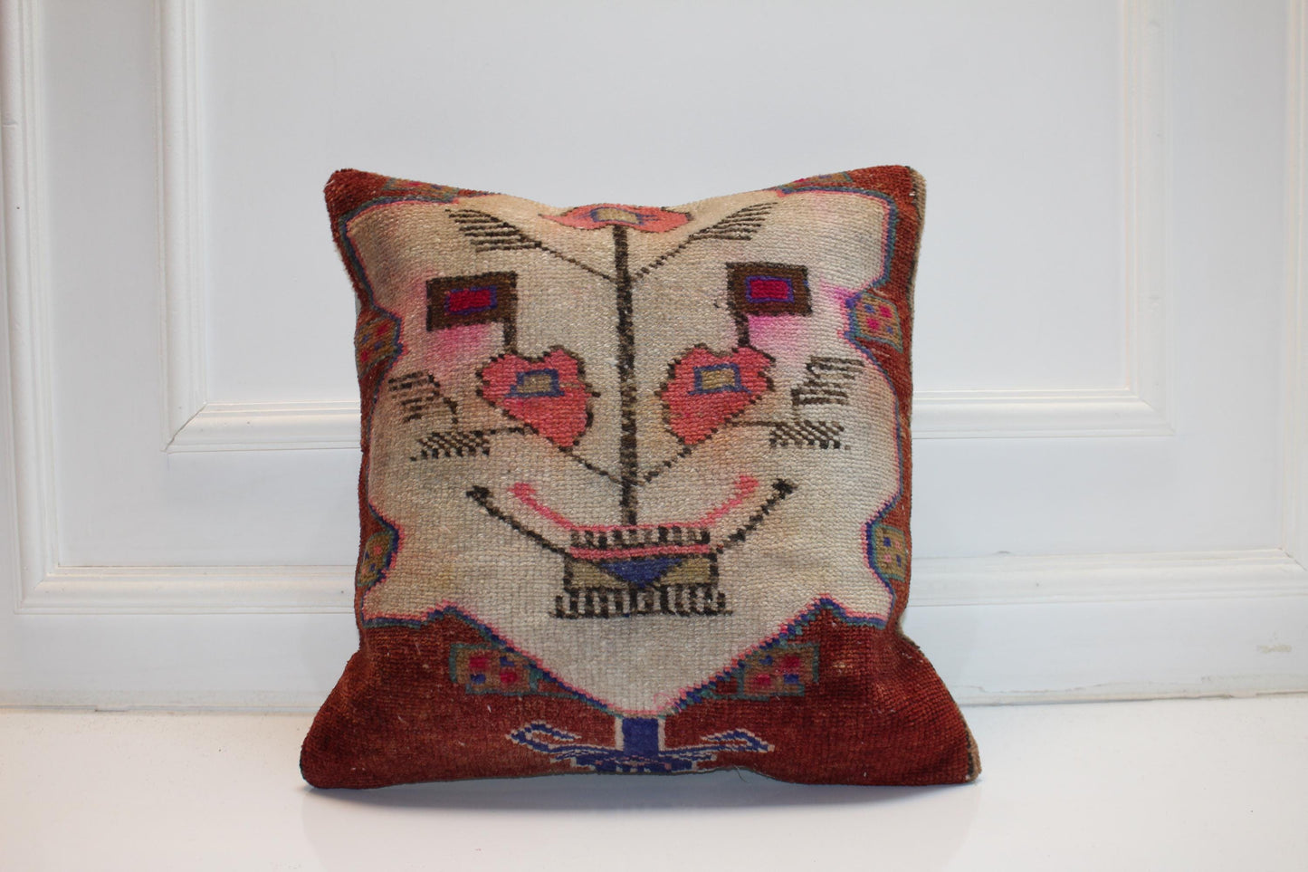 Tribal Face Motif Rug Cushion, Folk Art Anatolian Textile Statement Pillow 20x20 inch