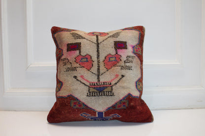 Tribal Face Motif Rug Cushion, Folk Art Anatolian Textile Statement Pillow 20x20 inch