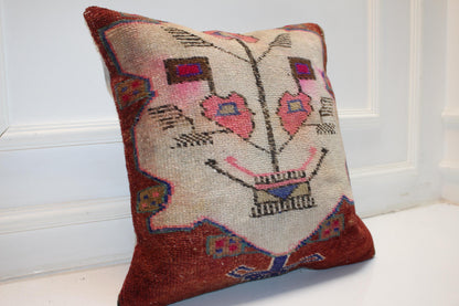 Tribal Face Motif Rug Cushion, Folk Art Anatolian Textile Statement Pillow 20x20 inch