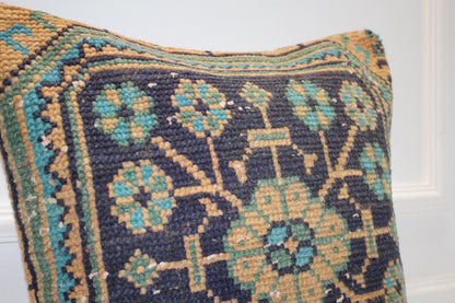 Geometric Anatolian Medallion Cushion, Deep Blue Teal Folk Textile Statement Pillow 20x20 inch