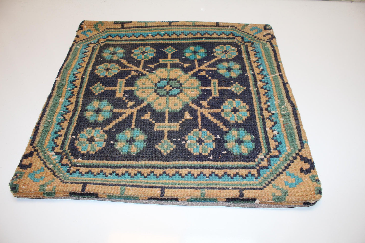 Geometric Anatolian Medallion Cushion, Deep Blue Teal Folk Textile Statement Pillow 20x20 inch