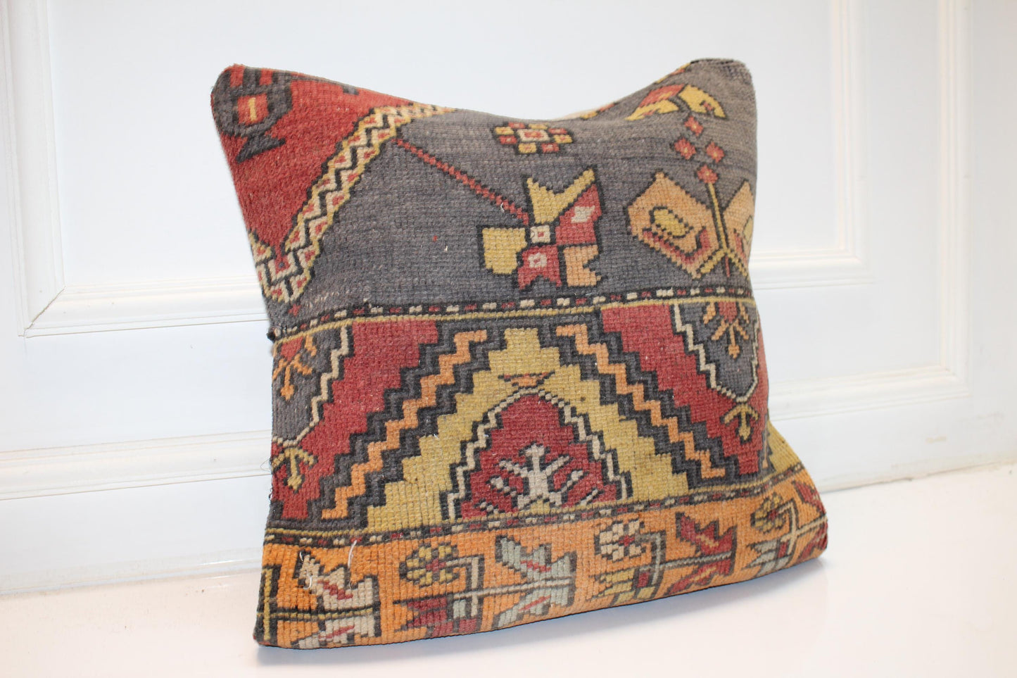 Tribal Anatolian Motif Cushion, Earthy Red Yellow Geometric Folk Textile Decor 20x20 inch