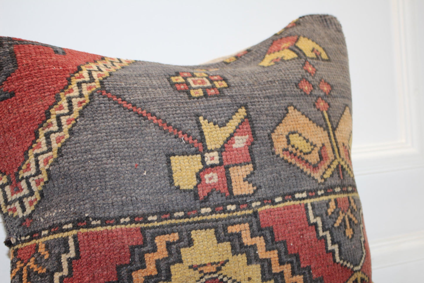 Tribal Anatolian Motif Cushion, Earthy Red Yellow Geometric Folk Textile Decor 20x20 inch