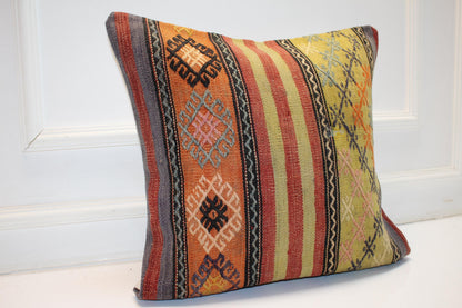 Colorful Striped Anatolian Cushion, Folk Pattern Handmade Textile Statement Decor 20x20 inch