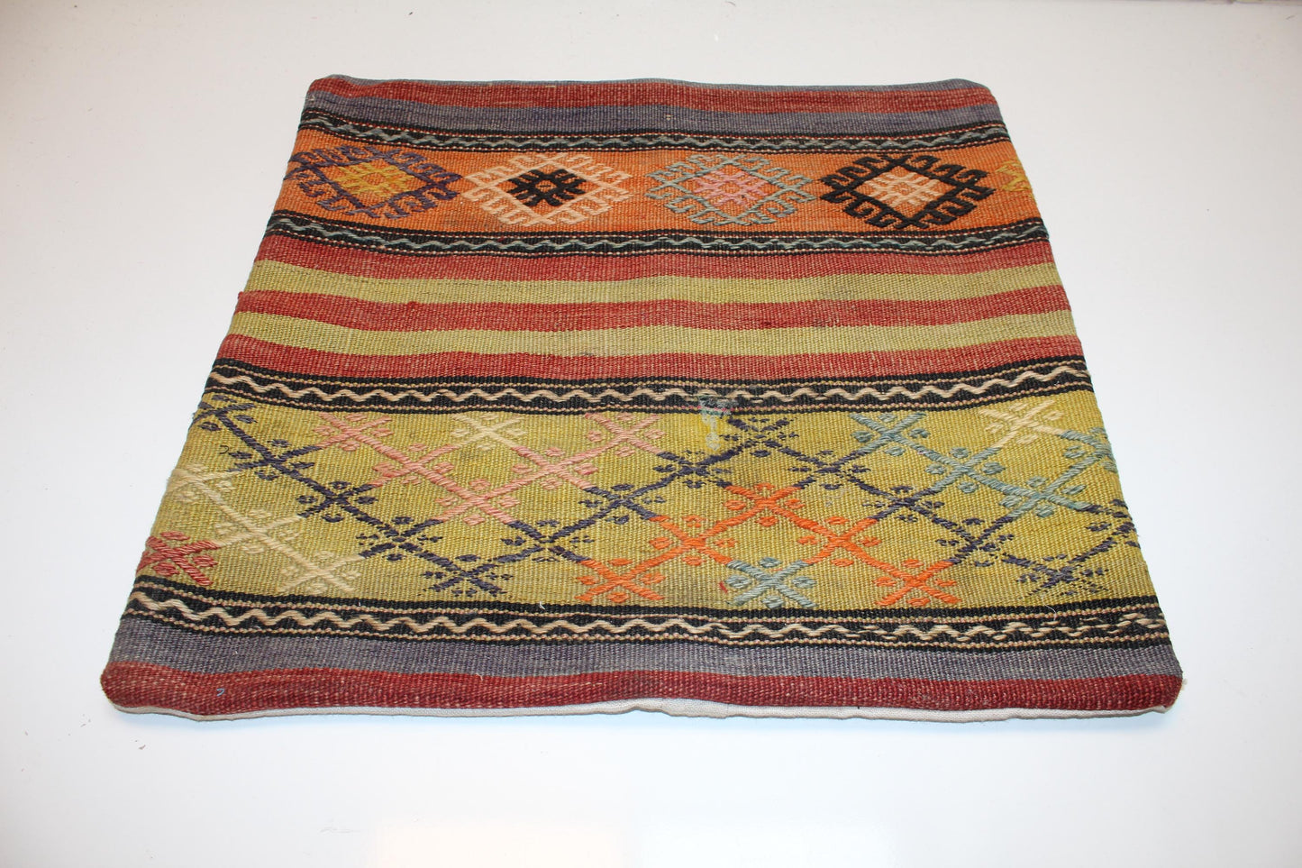 Colorful Striped Anatolian Cushion, Folk Pattern Handmade Textile Statement Decor 20x20 inch