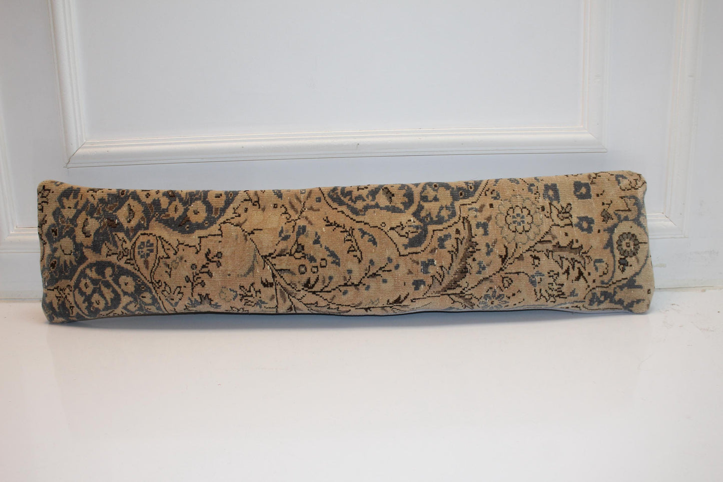 Earthy Taupe Gray Floral Rug Cushion, Vintage Long Sofa Pillow