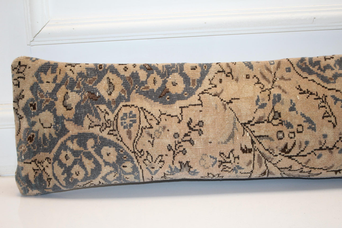 Earthy Taupe Gray Floral Rug Cushion, Vintage Long Sofa Pillow