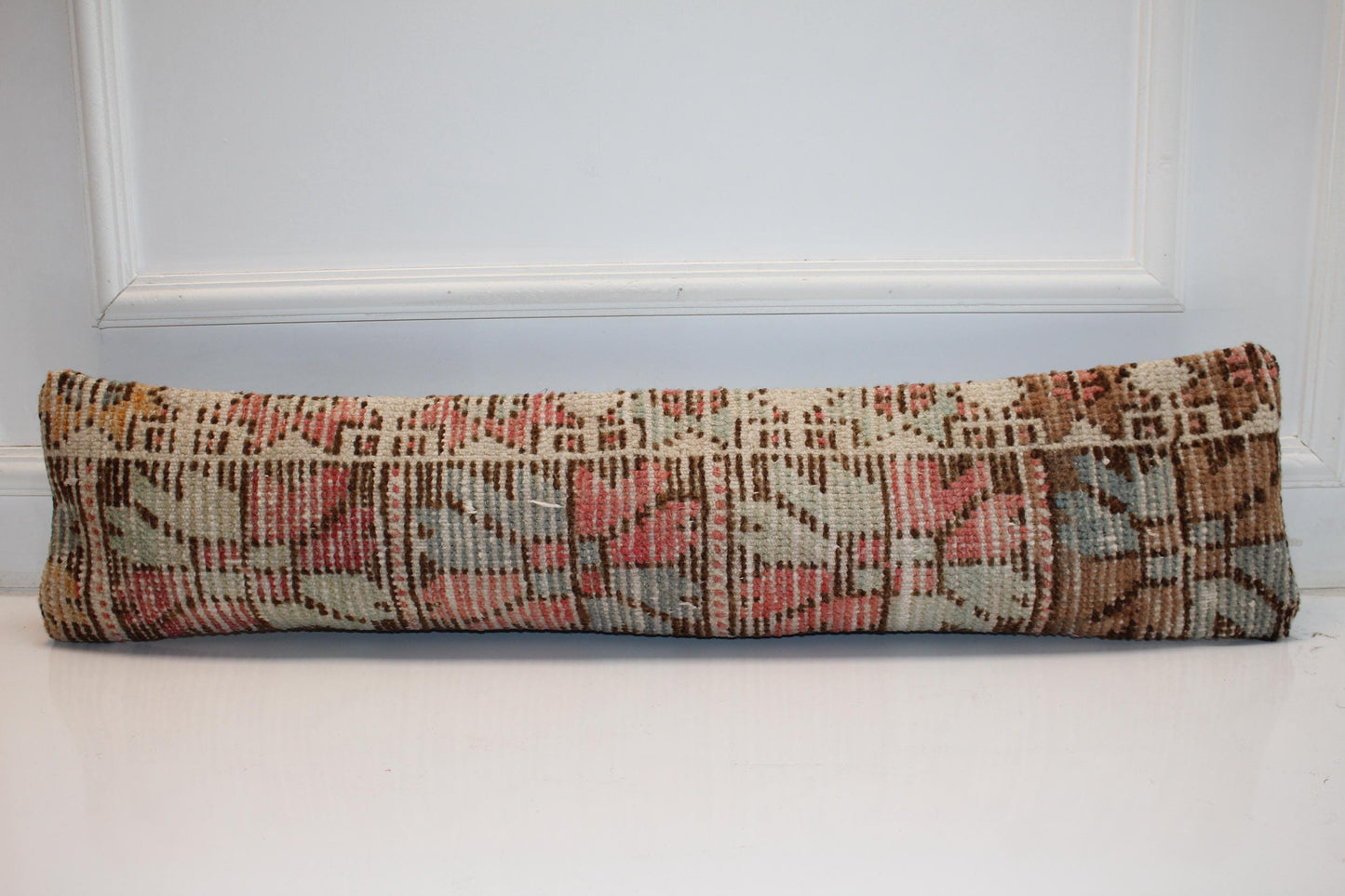 Pastel Coral Sage Geometric Rug Cushion, Boho Long Decorative Pillow
