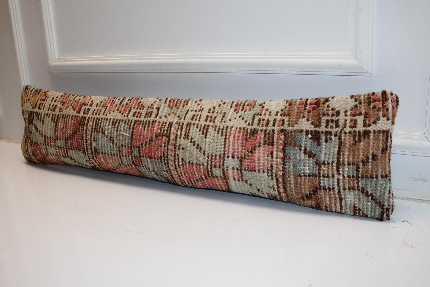 Pastel Coral Sage Geometric Rug Cushion, Boho Long Decorative Pillow