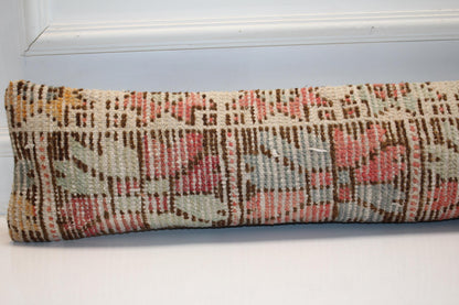 Pastel Coral Sage Geometric Rug Cushion, Boho Long Decorative Pillow