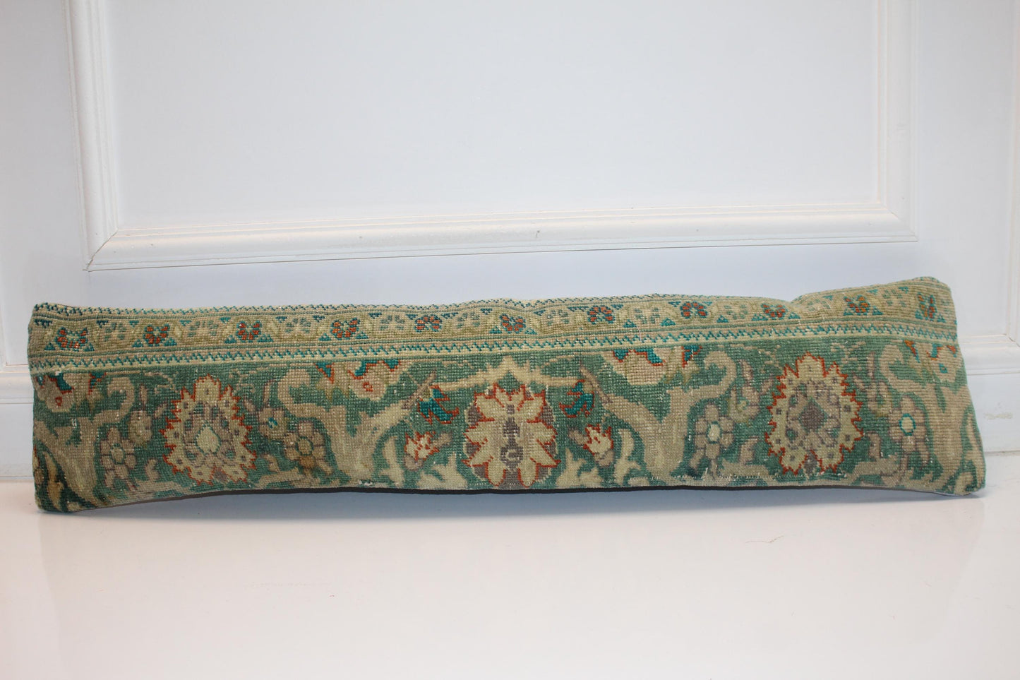 Teal Green Floral Rug Cushion, Antique Style Long Decorative Sofa Pillow