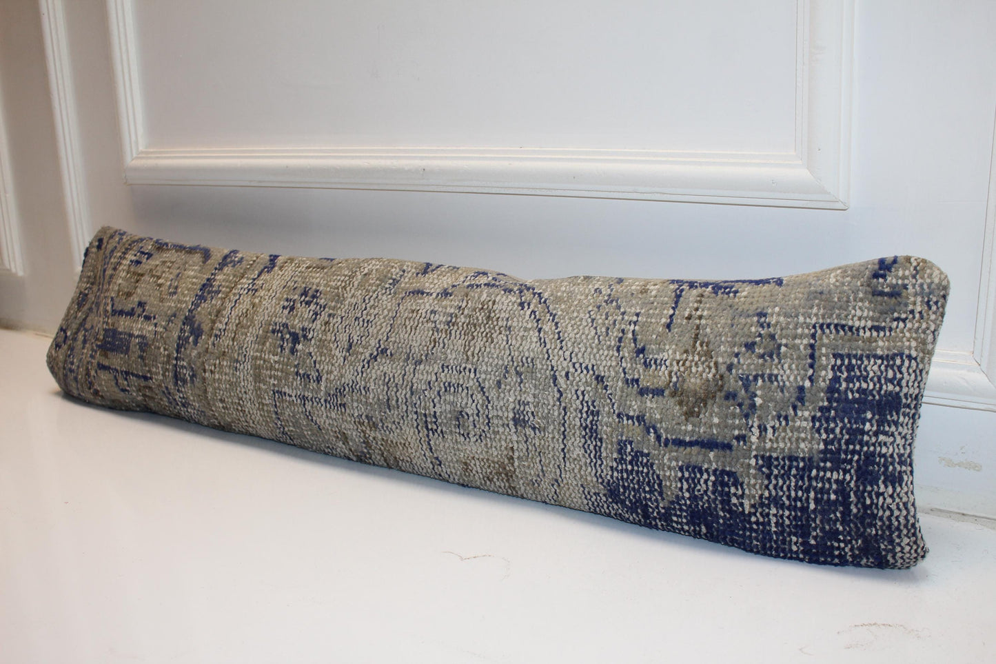 Blue Gray Geometric Rug Cushion, Calm Rustic Long Sofa Pillow