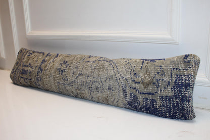 Blue Gray Geometric Rug Cushion, Calm Rustic Long Sofa Pillow
