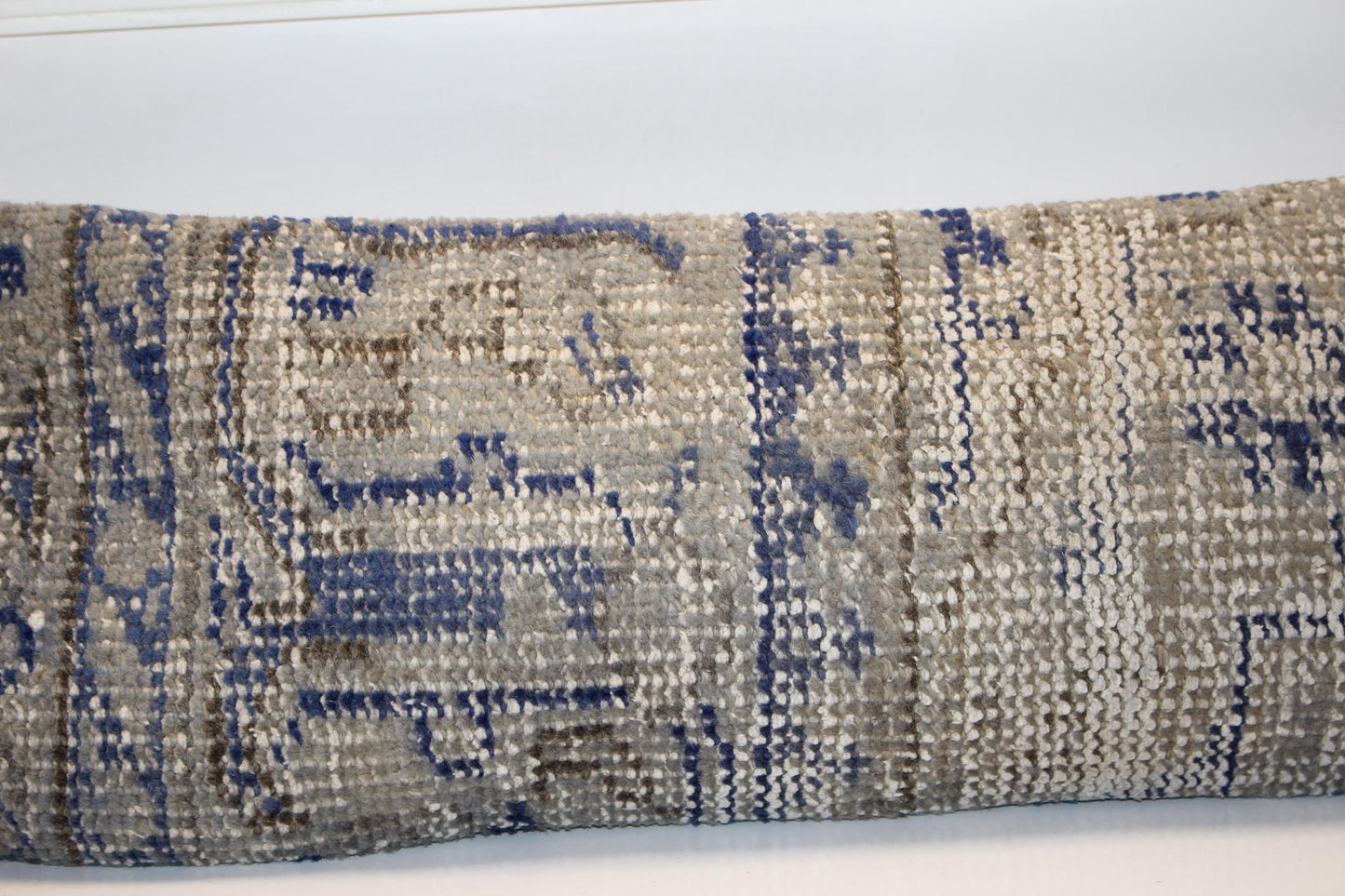 Blue Gray Geometric Rug Cushion, Calm Rustic Long Sofa Pillow