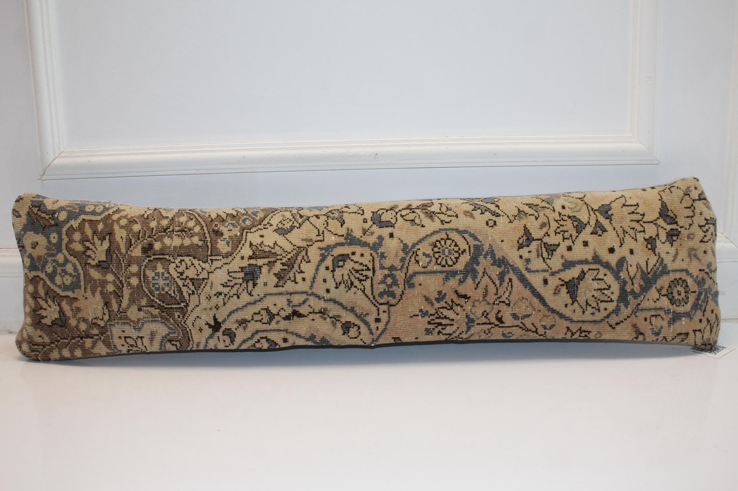 Beige Blue Floral Rug Cushion, Elegant Antique Style Long Sofa Pillow