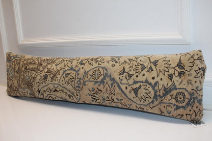 Beige Blue Floral Rug Cushion, Elegant Antique Style Long Sofa Pillow