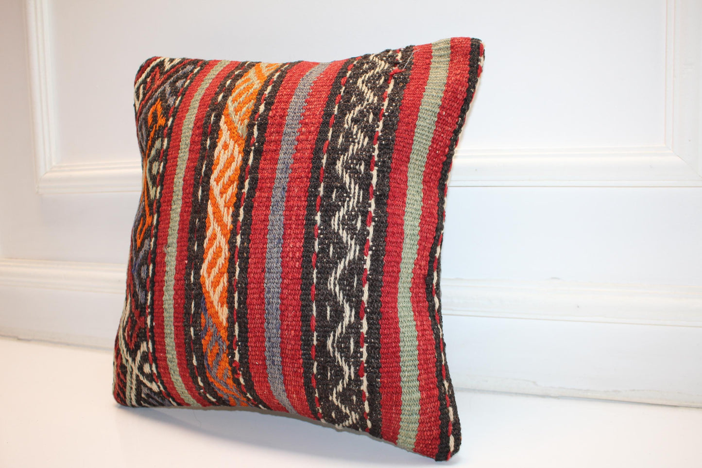 Handwoven Anatolian Rug Cushion, Boho Ethnic Decor, Rustic Sofa Accent (16x16 in)